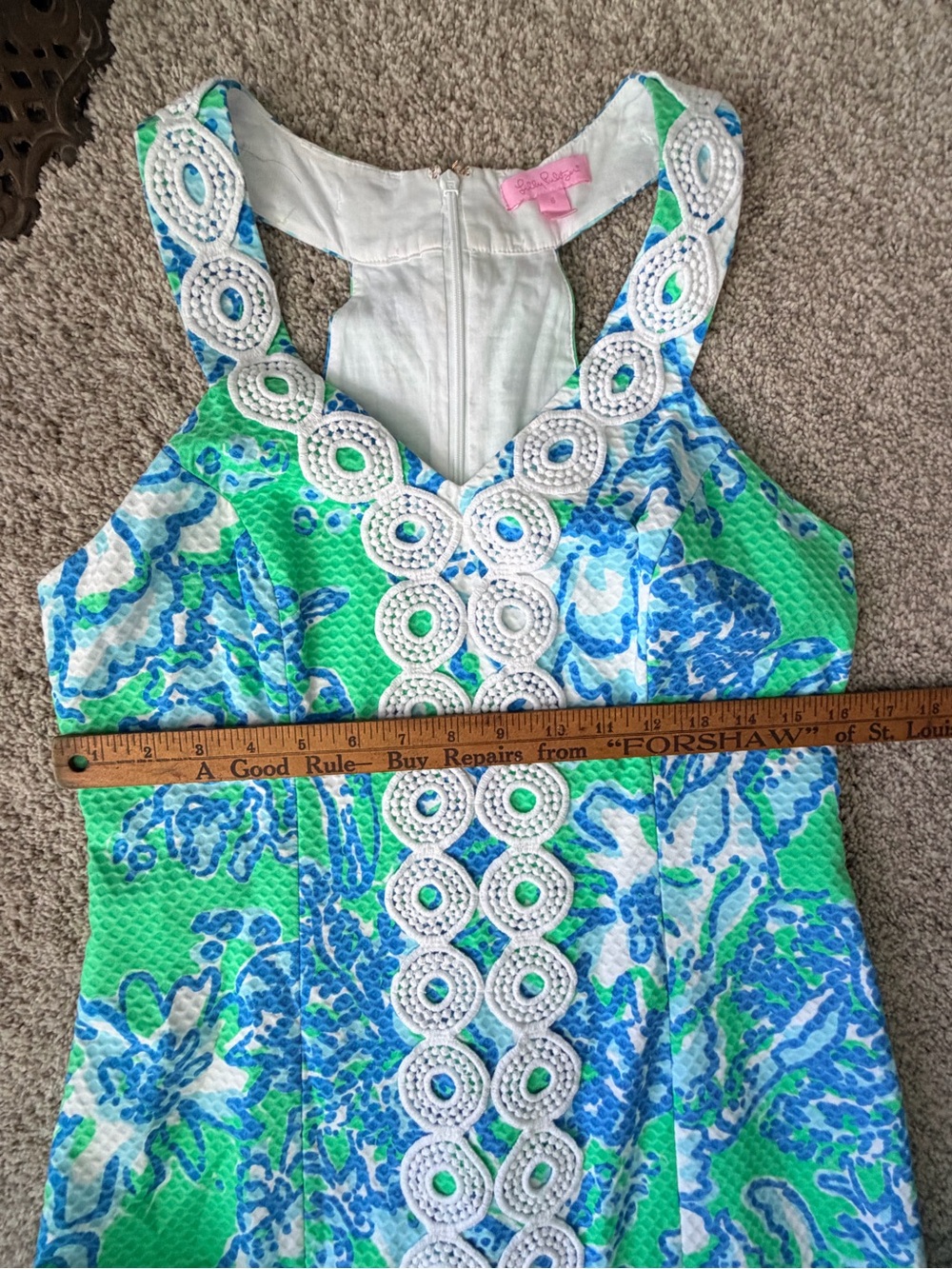 Lilly Pulitzer Size 6 Green Blue Floral Crochet Trim Shift Dress - Picture 4 of 6